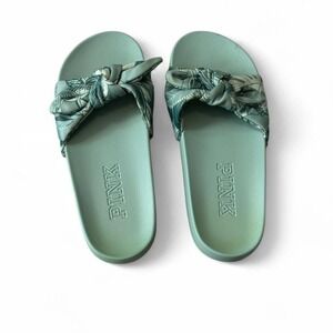 Victoria's Secret PINK Tropical Green Satin Bow Slides, Women's Size 8.5